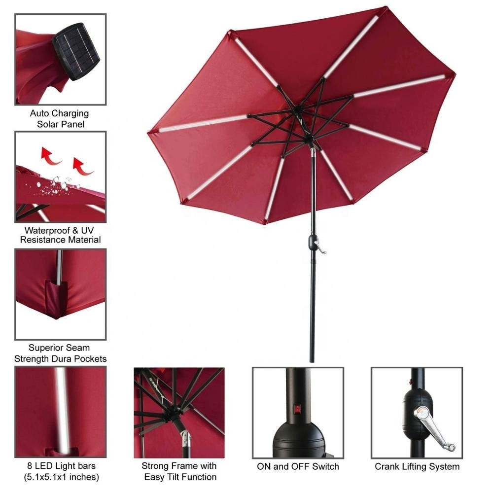 ABCCANOPY 9 FT Solar LED Light Bars Patio Umbrella Solar Powered Outdoor Umbrella 8 Ribs with Push-Button Tilt and Crank