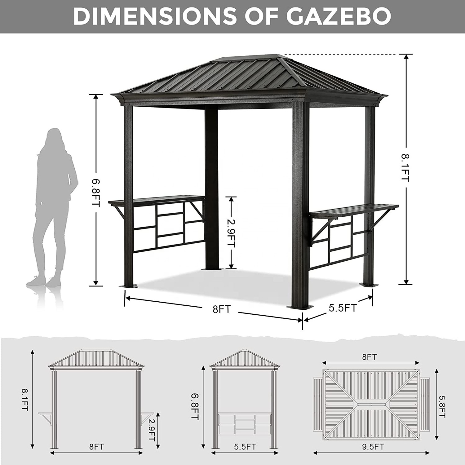 ABCCANOPY 6x8 Grill Hardtop Gazebo Outdoor Permanent Barbecue Gazebo with Galvanized Steel Roof Aluminum BBQ Canopy with Shelves