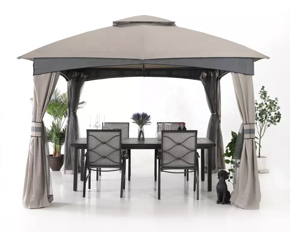 10 Ft x 10 Ft Grey Color Gazebo Tent With Netting Steel Frame Gazebo Canopy Rip-Lock Fabric Garden Gazebo