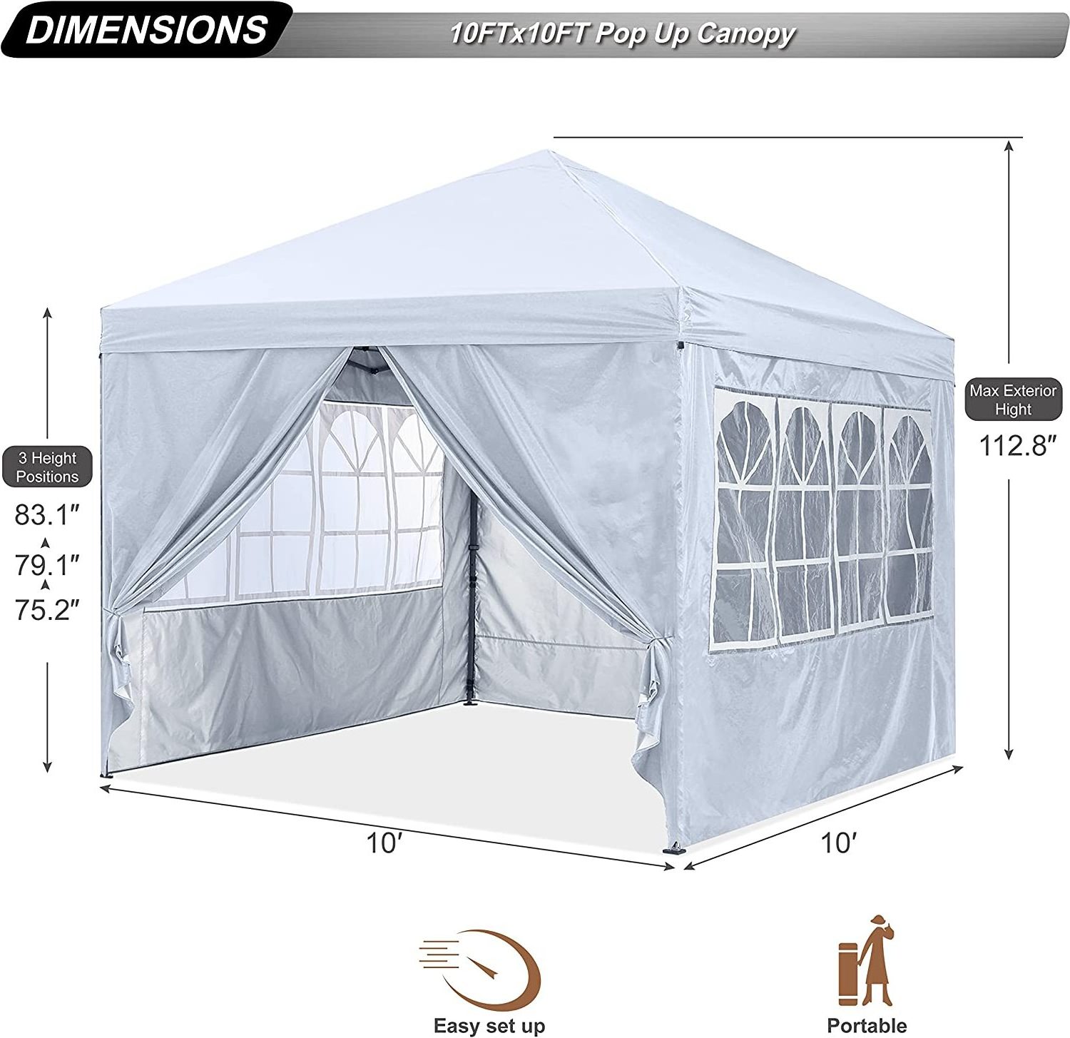 ABCCANOPY 10X10 Pop Up Canopy Tent Enclosed Instant Canopy Shelter with Zipped Side Wall Church Window, Waterproof Outdoor Tent