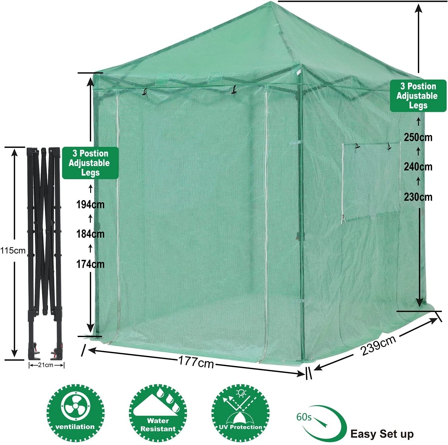 6'x4' 8'x6' 8'x8' Pop Up Greenhouse Walk-in Garden Greenhouse Foldable Gazebo for Indoor Outdoor with Roll Up Door and Window