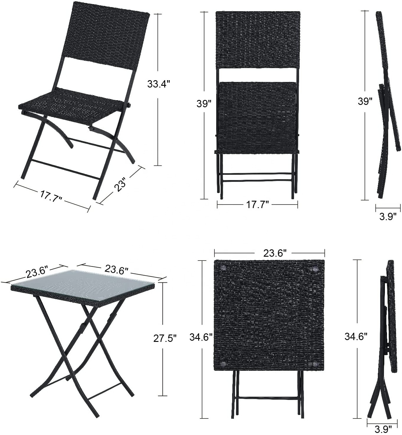 ABCCANOPY 3 Piece Patio Set Metal Folding Bistro Set 1 Folding Table with 2 Folding Chairs Conversation Set