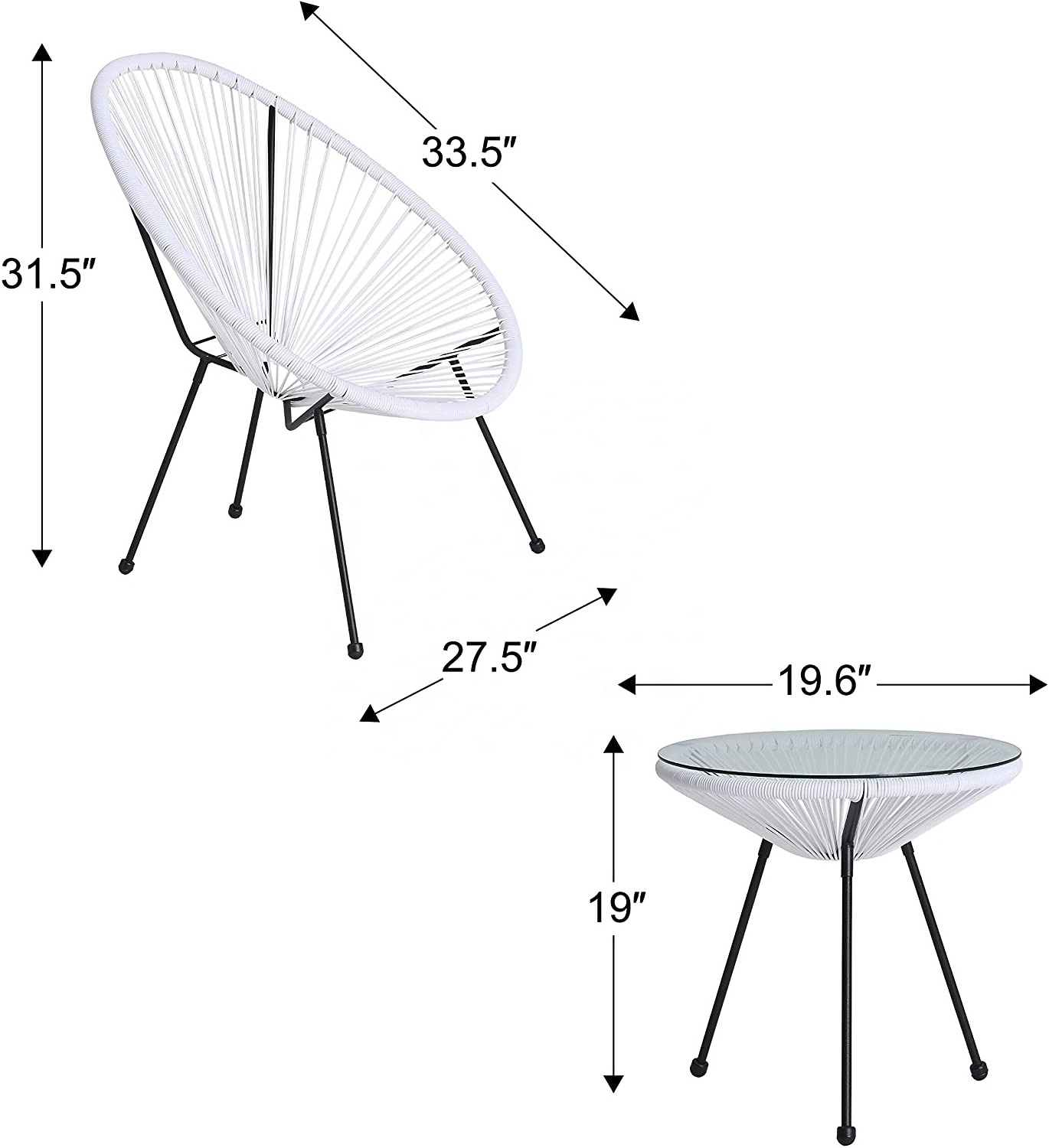 3 Piece Patio Furniture Set Acapulco Chair Conversation Bistro Set Indoor Outdoor Patio Furniture Sets with Glass Top Table