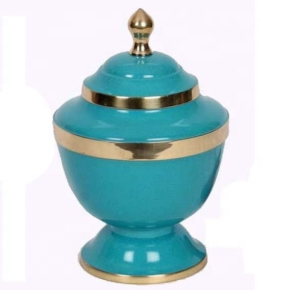 METAL PET CREMATION URN, BLUE GLOSSY PET ASHES URN