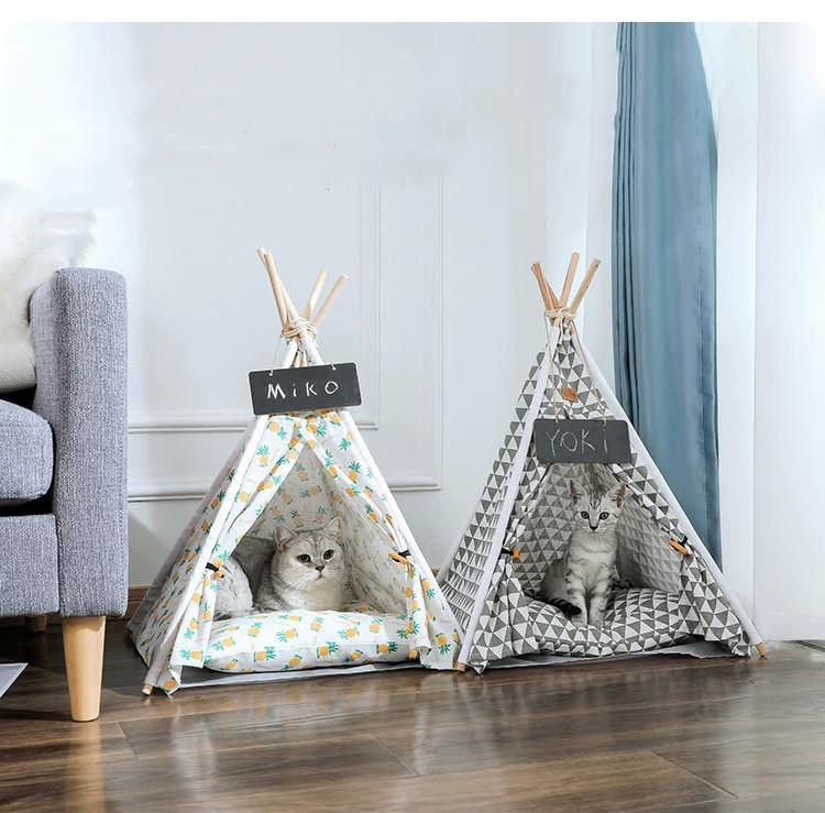 Wholesale Linen Wood Pet Tipi Bed Outdoor Portable Breathable Durable Cat Dog Teepee Tent House