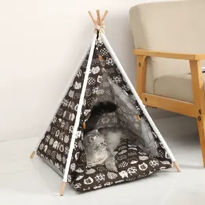 Wholesale Linen Wood Pet Tipi Bed Outdoor Portable Breathable Durable Cat Dog Teepee Tent House