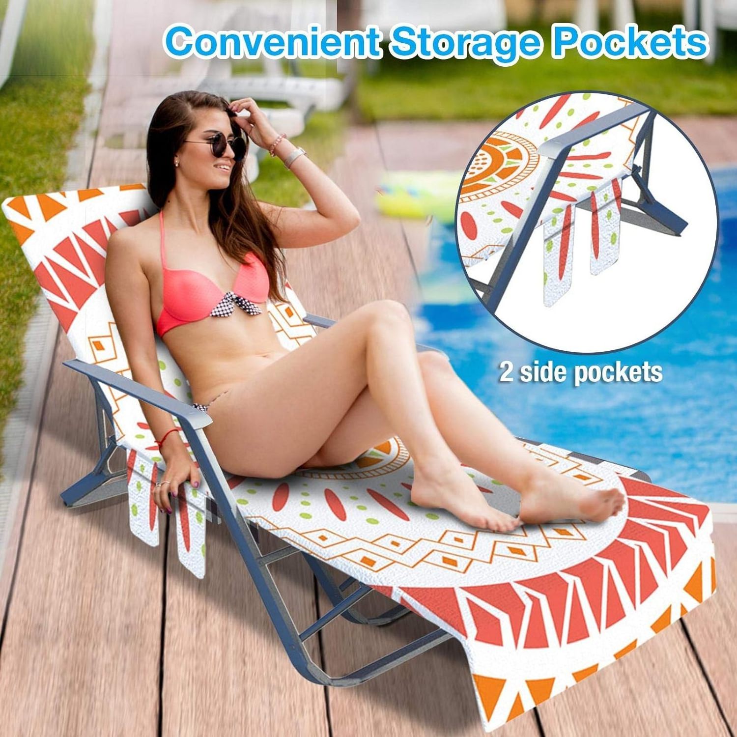 Stripe Beach Chair Cover Towel Pool Lounge Chaise Towels Sun Chaise Lounger Cover with Side Storage Pockets