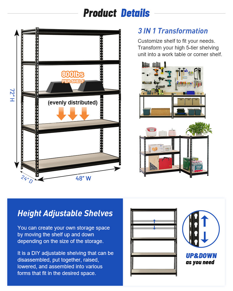 Heavy Duty Adjustable Metal Frame 5 Layer Garage Boltless Shelving