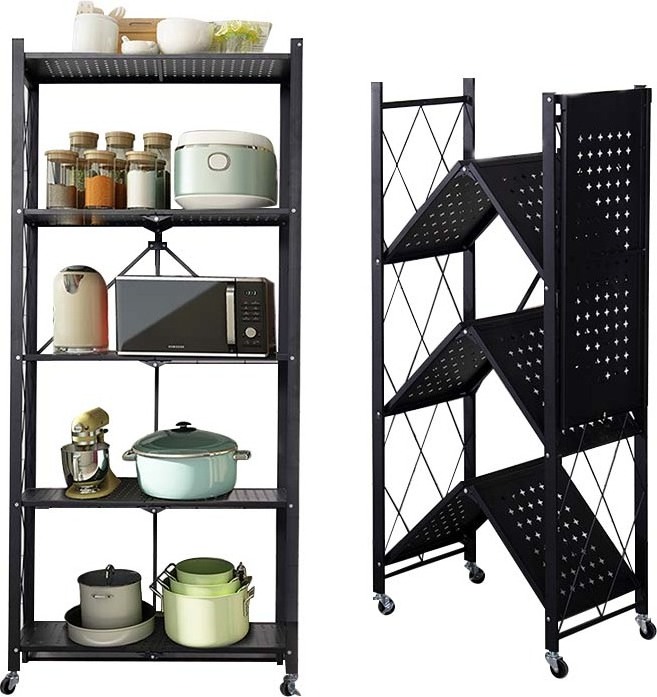 3,4,5 Tier Foldable Kitchen Storage Shelf Rack Folding Storage Metal Shelving Rack With Wheels