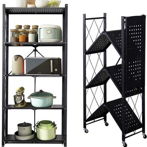 3,4,5 Tier Foldable Kitchen Storage Shelf Rack Folding Storage Metal Shelving Rack With Wheels