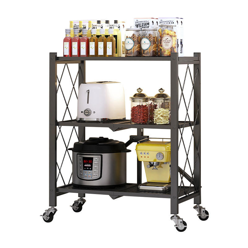 3 Tier Foldable Steel Kitchen Rack Folding Rolling Cart, Garage Bathroom Organizer, Book Shelving Unit