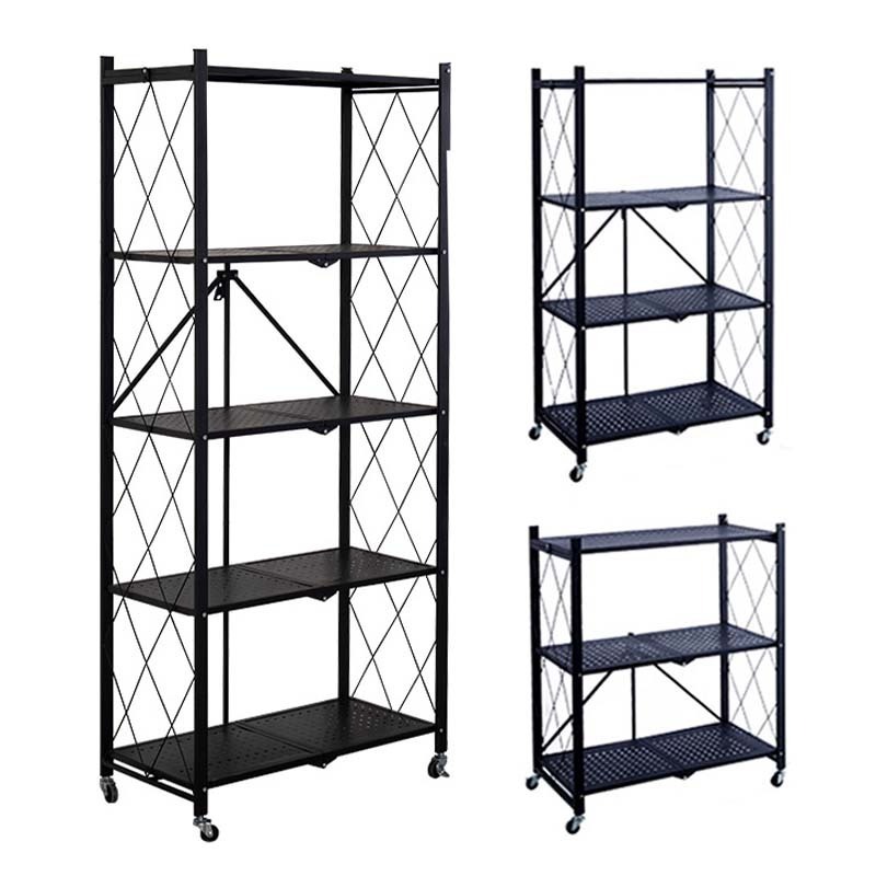 3,4,5 Tier Foldable Kitchen Storage Shelf Rack Folding Storage Metal Shelving Rack With Wheels