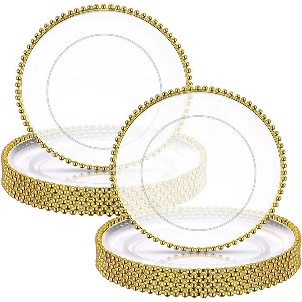 13inch Acrylic For Restaurant Bowls Wholesale Bulk Rim Beaded White Pink Plastic Clear Silver Black Wedding Gold Charger Plates