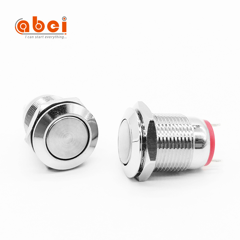 ABEI 12mm Flat Round Head 2 pin horn toy on off switch metal waterproof electric momentary push button switch