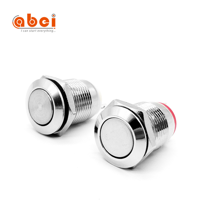 ABEI 12mm Flat Round Head 2 pin horn toy on off switch metal waterproof electric momentary push button switch