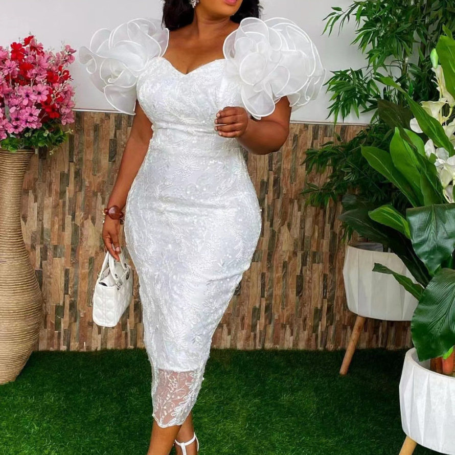 2023 African Women's White Lace Wedding Dress party Dinner Elegant Dress plus size Bubble Sleeve Lace Beaded Dress