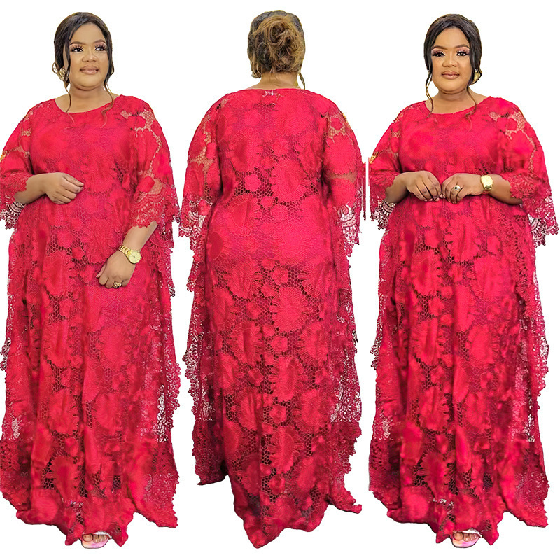 2-piece set African round neck flower lace dress casual hollow out dress with inner skirt women's Church abaya dress