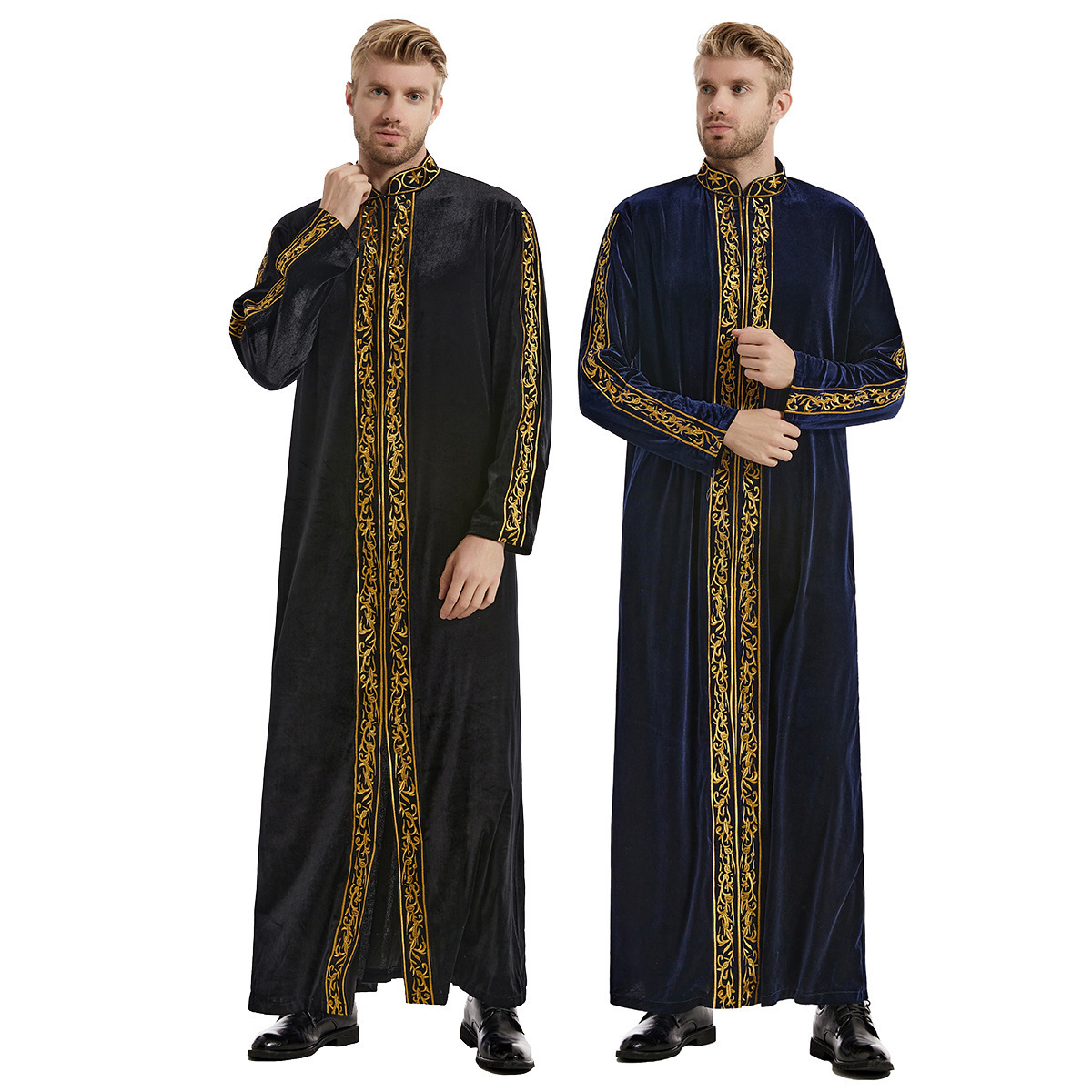 Middle Eastern Muslim men's golden velvet embroidered robe abaya men long sleeves thobes European court robe