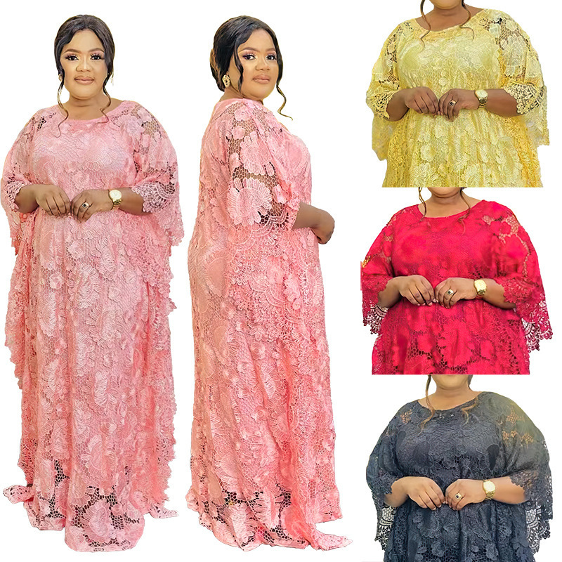 2-piece set African round neck flower lace dress casual hollow out dress with inner skirt women's Church abaya dress