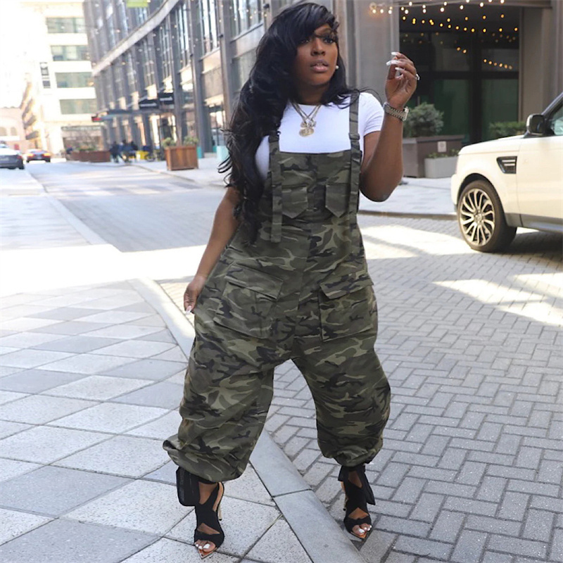 plus size multi pocket workout trousers pants women camo camouflage oversized stretchy jumpsuits overall and rompers for women