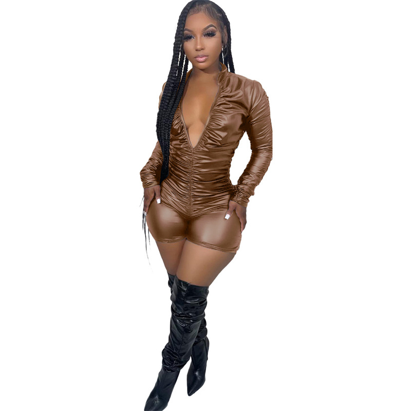 spring 2023 fashion women collection clothing outfit 2023 street sexy lady brown pu leather long sleeve one piece short jumpsuit