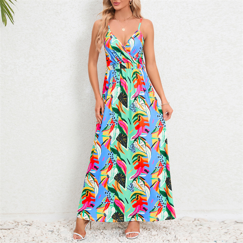 y2k ladies women summer 2024 bohemian fashion floral print maxi vacation thailand beach strap slip long midi dress for women