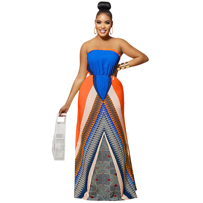 new arrivals A line patterned print orange african strapless collarless summer sexy mature women casual evening long dresses