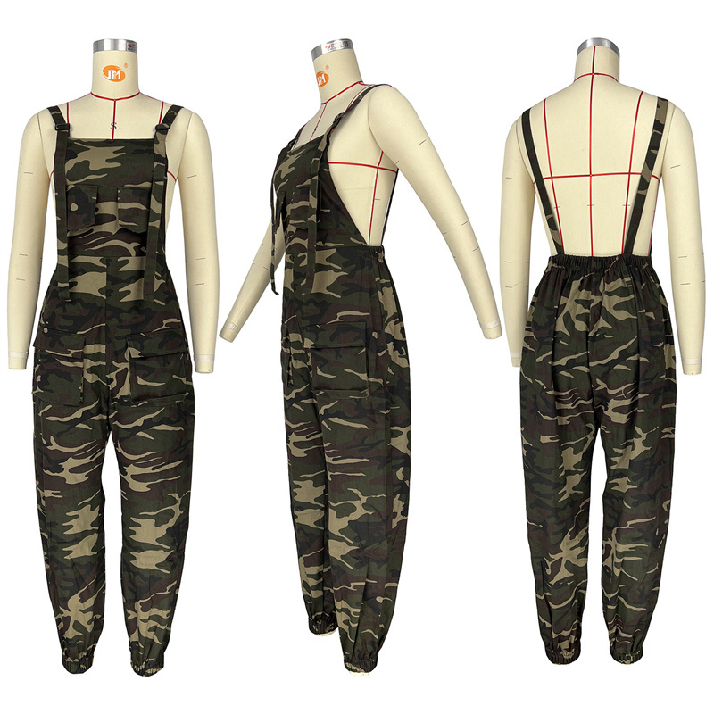 plus size multi pocket workout trousers pants women camo camouflage oversized stretchy jumpsuits overall and rompers for women