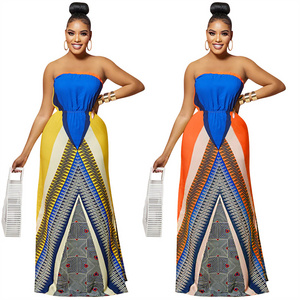 new arrivals A line patterned print orange african strapless collarless summer sexy mature women casual evening long dresses