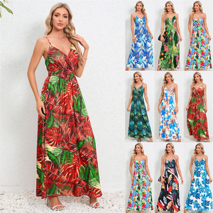 y2k ladies women summer 2024 bohemian fashion floral print maxi vacation thailand beach strap slip long midi dress for women