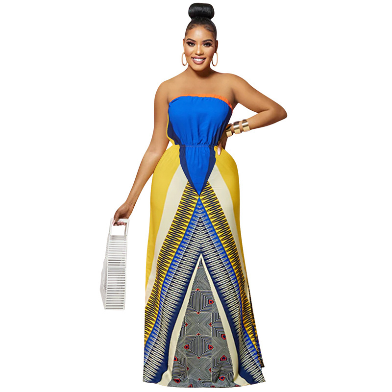 new arrivals A line patterned print orange african strapless collarless summer sexy mature women casual evening long dresses