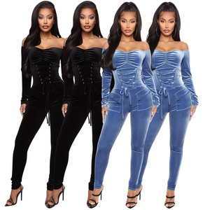 2023 fall winter new arrivals luxury women lady skinny bodycon velour velvet long pants jumpsuit romper women bodysuit for women