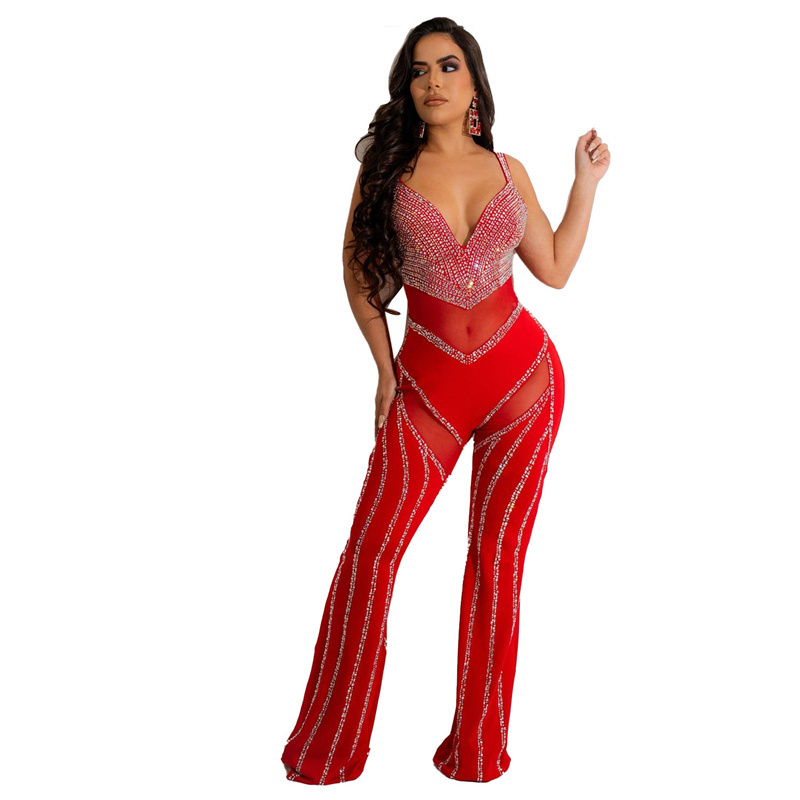 women sexy rhinestone mesh patchwork sleeveless full long bodysuit performance red nightclub romper jumpsuit with rhinestone