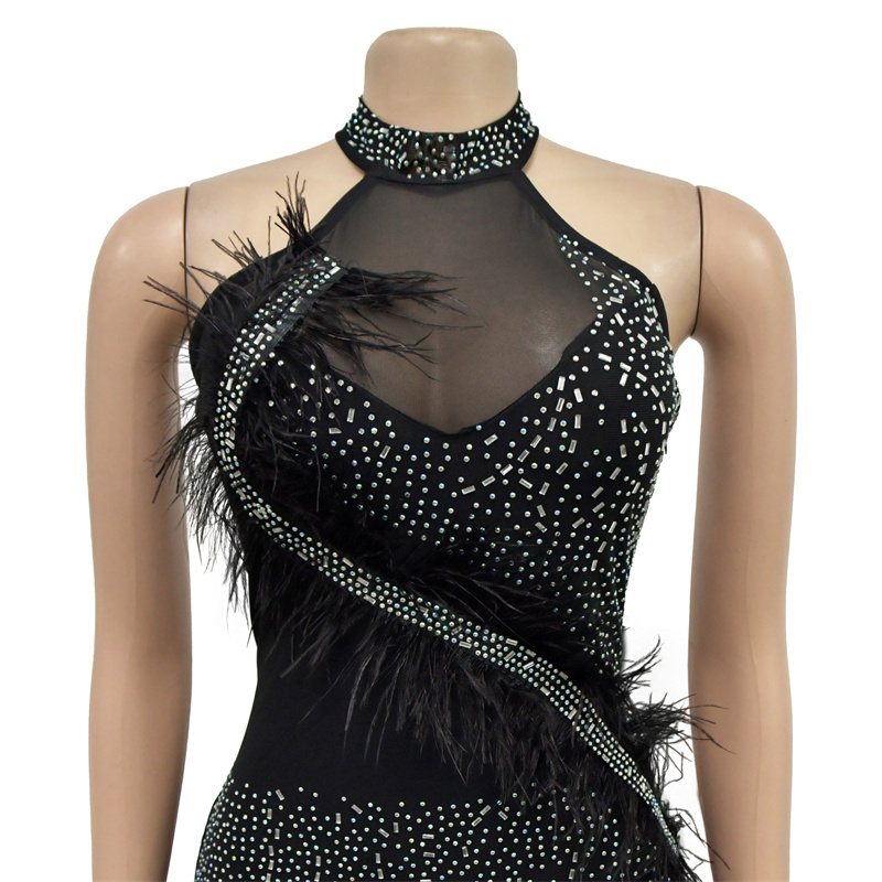 korean luxury women elegant halter neck backless feather rhinestone beaded red black mini evening bodycon party dress for women