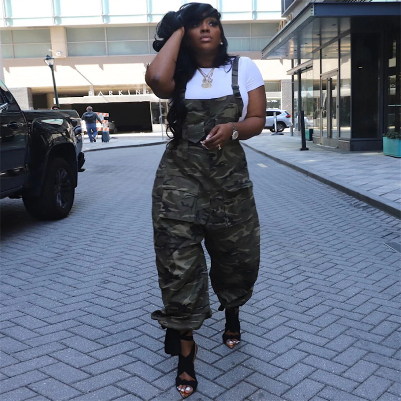 plus size multi pocket workout trousers pants women camo camouflage oversized stretchy jumpsuits overall and rompers for women