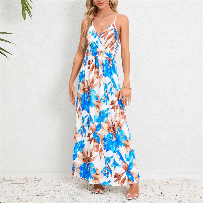 y2k ladies women summer 2024 bohemian fashion floral print maxi vacation thailand beach strap slip long midi dress for women