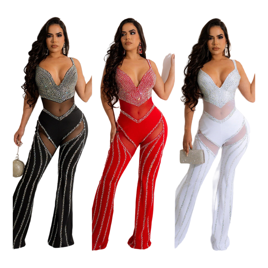 women sexy rhinestone mesh patchwork sleeveless full long bodysuit performance red nightclub romper jumpsuit with rhinestone