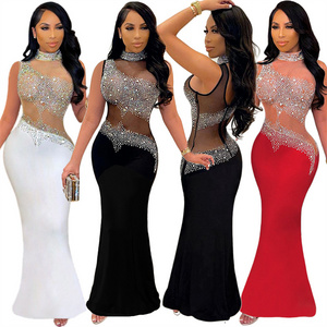 luxury women elegant heavy beaded rhinestone sleeveless mesh sheer top sexy mermaid evening dress party ball gown for women