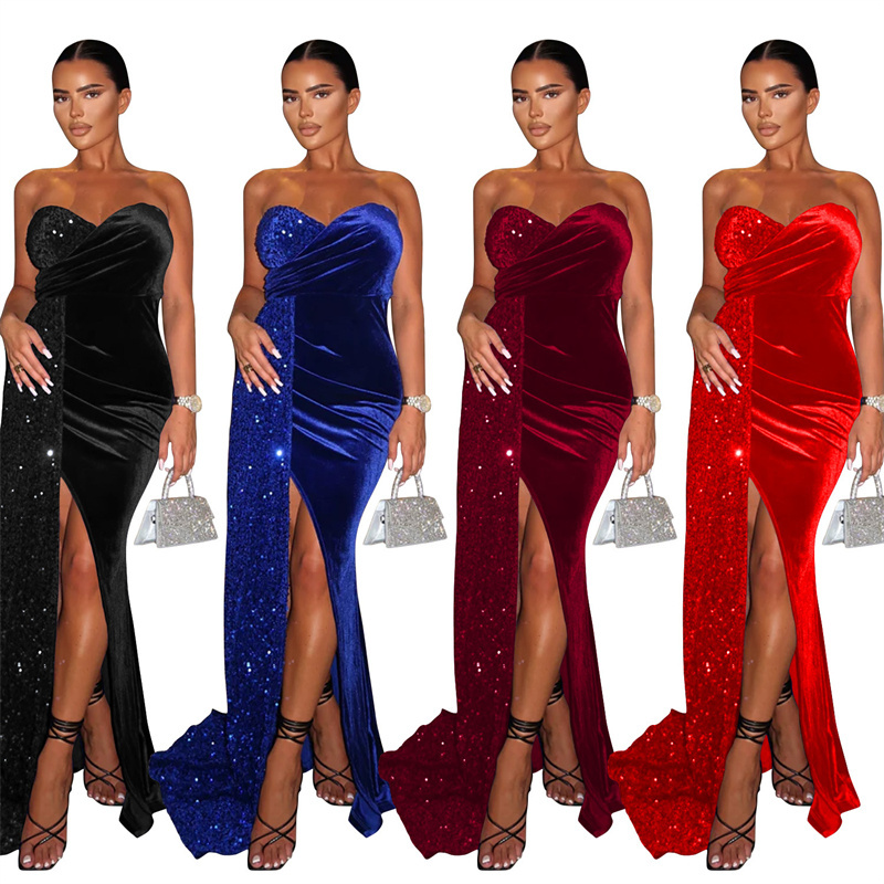 wholesale christmas sequin wedding party evening maxi long  high slit dresses 2022 bridal 2023 curvy sleeveless ball gown