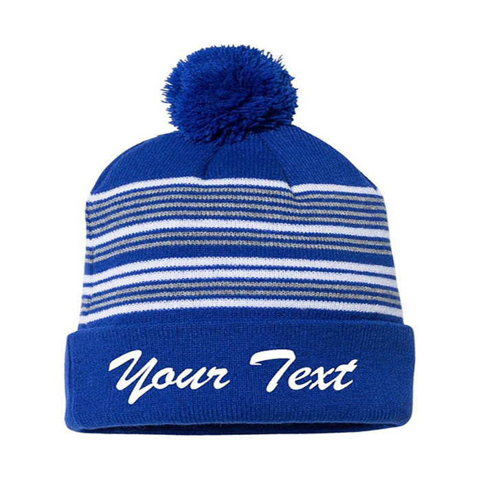 Man Sports Sportsman Custom Embroidered Personalized  Striped Pom Pom Knit Cap Beanie