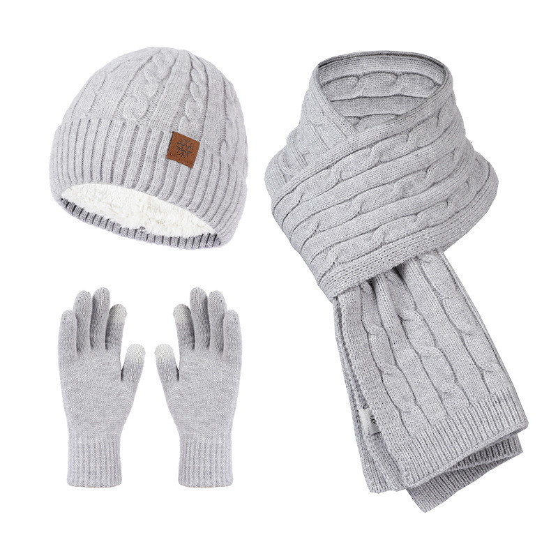 Autumn and Winter Hats Gloves Scarves Three Piece Knitted Hat Plush and Thickened Wool Hat  Neck Set Cross border Popular