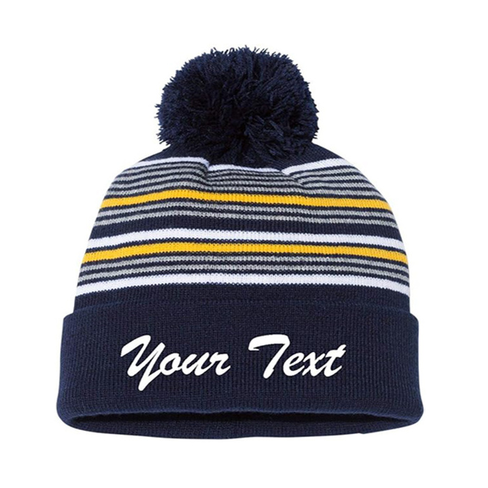 Man Sports Sportsman Custom Embroidered Personalized  Striped Pom Pom Knit Cap Beanie