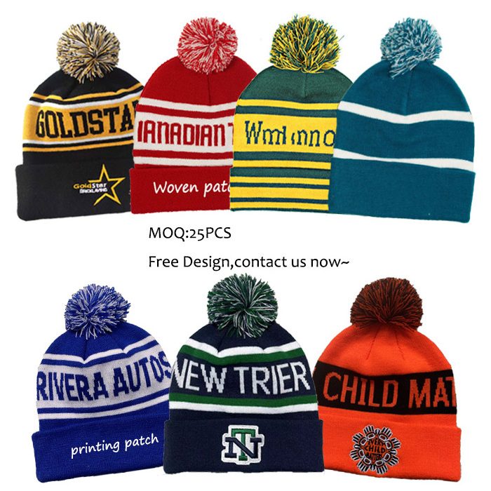 Wholesale Custom Beanie/100% Acrylic Your Own Embroidery Logo Fashion Knitted Beanie Hat Custom Winter Hat With  Pom Pom