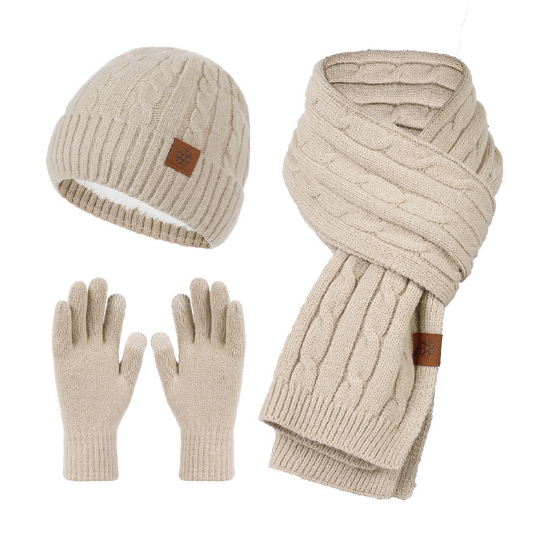 Autumn and Winter Hats Gloves Scarves Three Piece Knitted Hat Plush and Thickened Wool Hat  Neck Set Cross border Popular