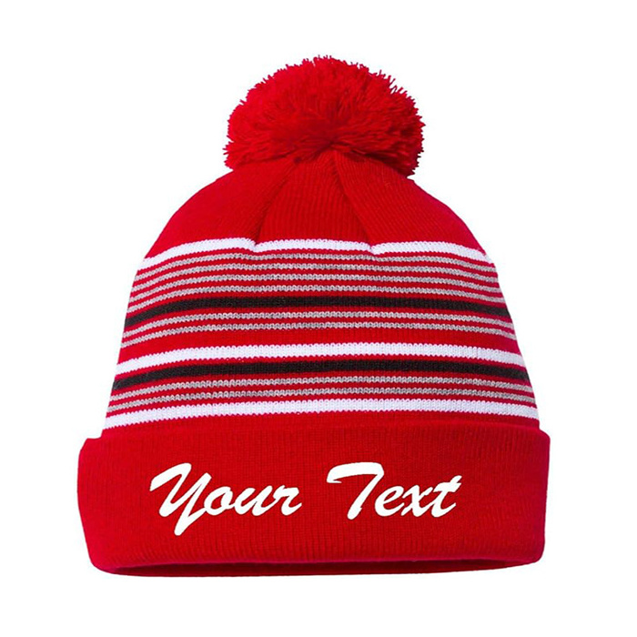 Man Sports Sportsman Custom Embroidered Personalized  Striped Pom Pom Knit Cap Beanie