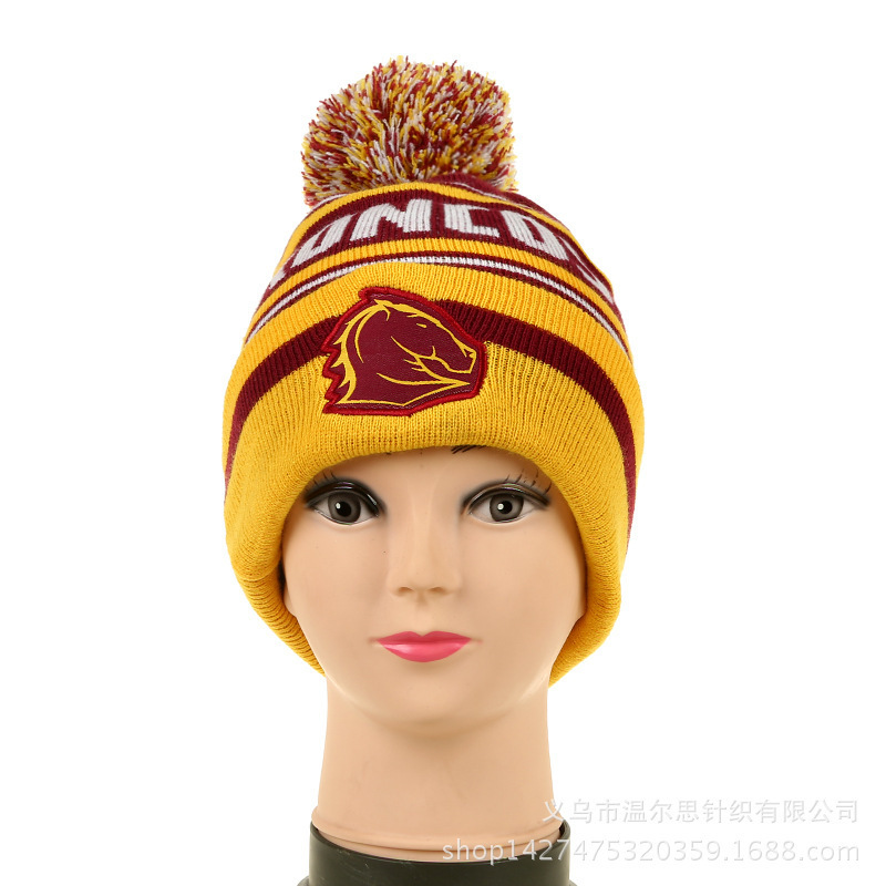 Custom Team club Factory Knitting Flat Machine Jacquard Hat Football Hat with pom pom