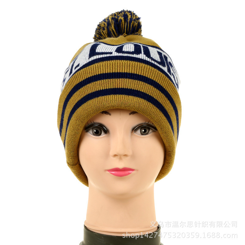 Custom Team club Factory Knitting Flat Machine Jacquard Hat Football Hat with pom pom