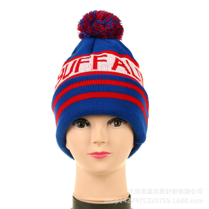 Custom Team club Factory Knitting Flat Machine Jacquard Hat Football Hat with pom pom