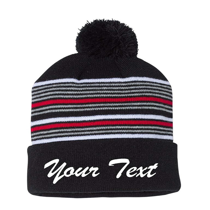 Man Sports Sportsman Custom Embroidered Personalized  Striped Pom Pom Knit Cap Beanie