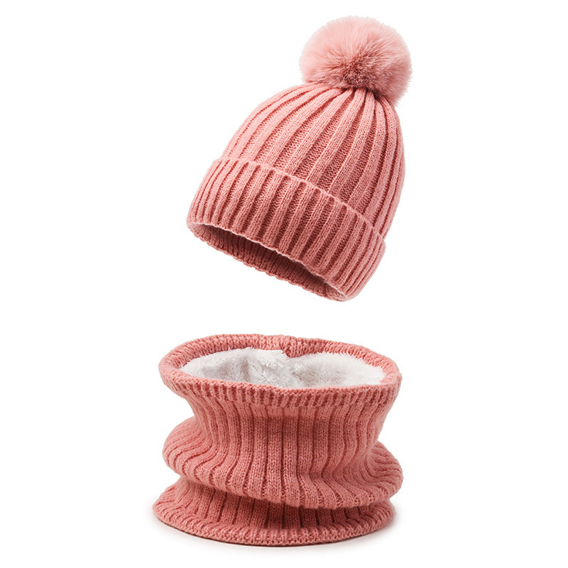 Solid color warm woolen hat Winter warm woolen hat solid color knit bib set